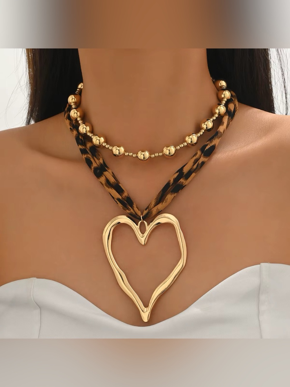Gold Heart Pendant Necklace with Leopard Ribbon - Women Jewelry